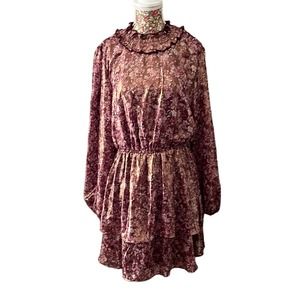 Crystal Doll Smocked Neck Tiered Floral Iridescent Rose Gold Dress Sheer Sleeves